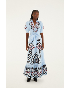 Kleid FARRM RIO Blue Artisanal Embroidered Lace Front Bow Maxi