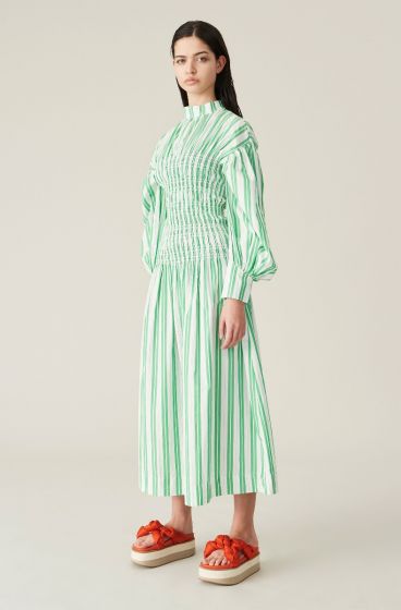 Kleid GANNI Stripe Cotton Kelly Green