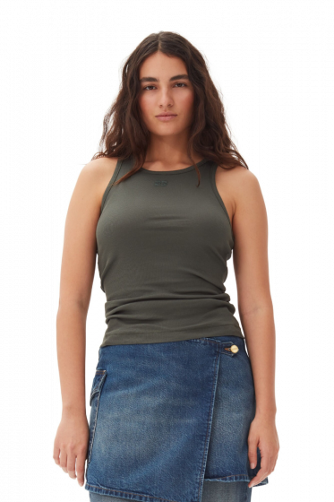 Top GANNI Green Soft Cotton Rib Tank